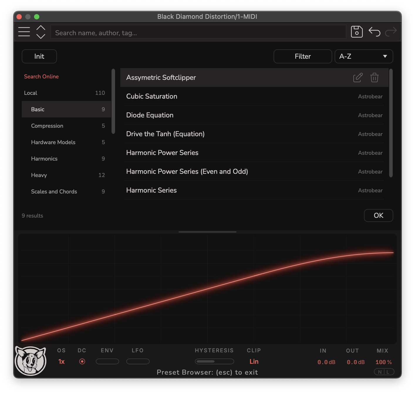Preset Browser showing the local library and online community presets